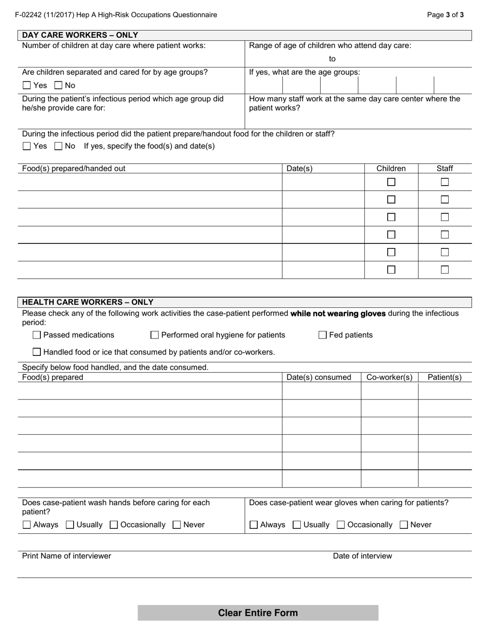 Form F-02242 Hepatitis a High-Risk Occupations Questionnaire - Wisconsin, Page 3
