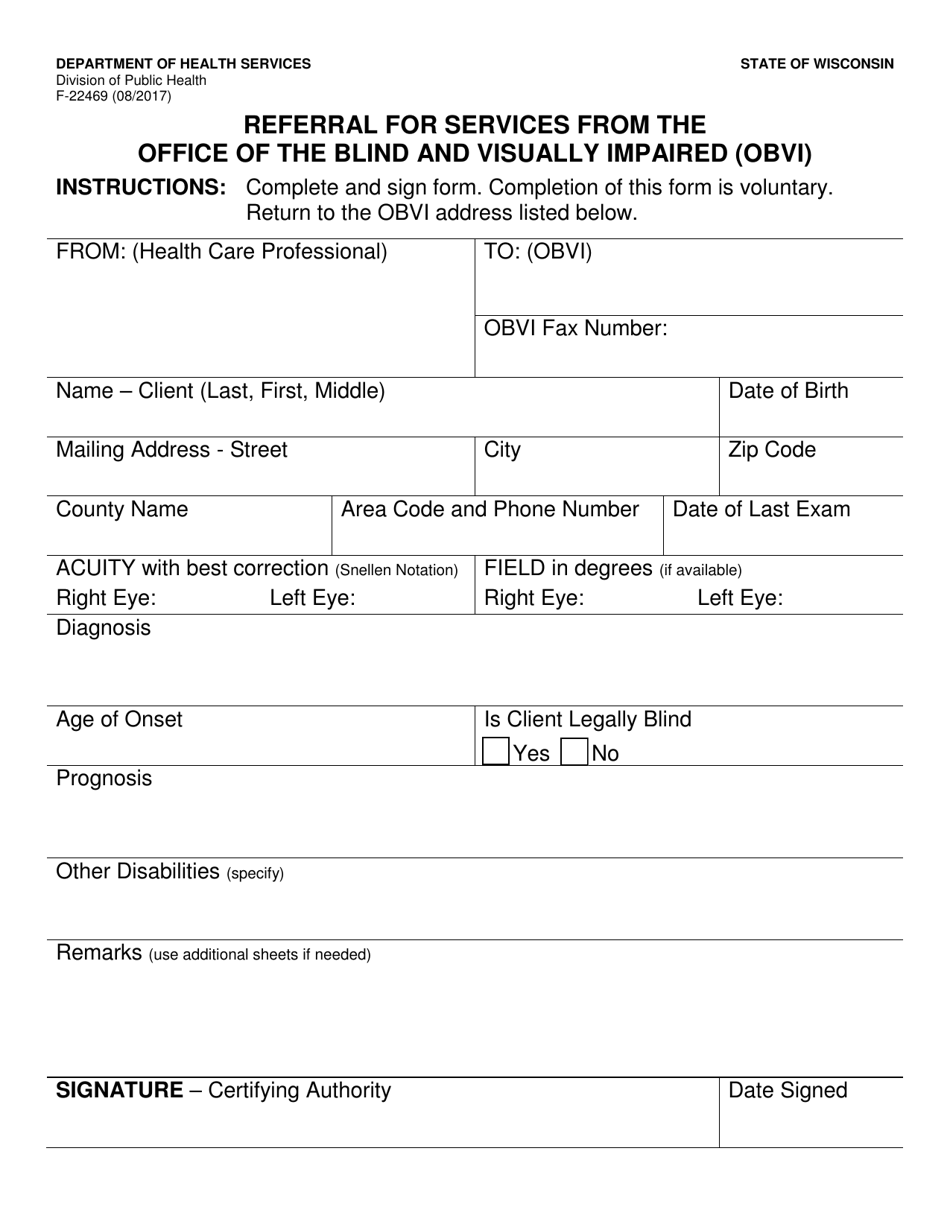 Form F-22469 Referral for Services From the Office of the Blind and Visually Impaired (Obvi) - Wisconsin, Page 1