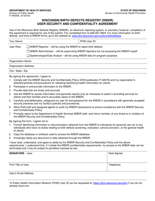 Form F-40056 User Security and Confidentiality Agreement - Wisconsin Birth Defects Registry (Wbdr) - Wisconsin