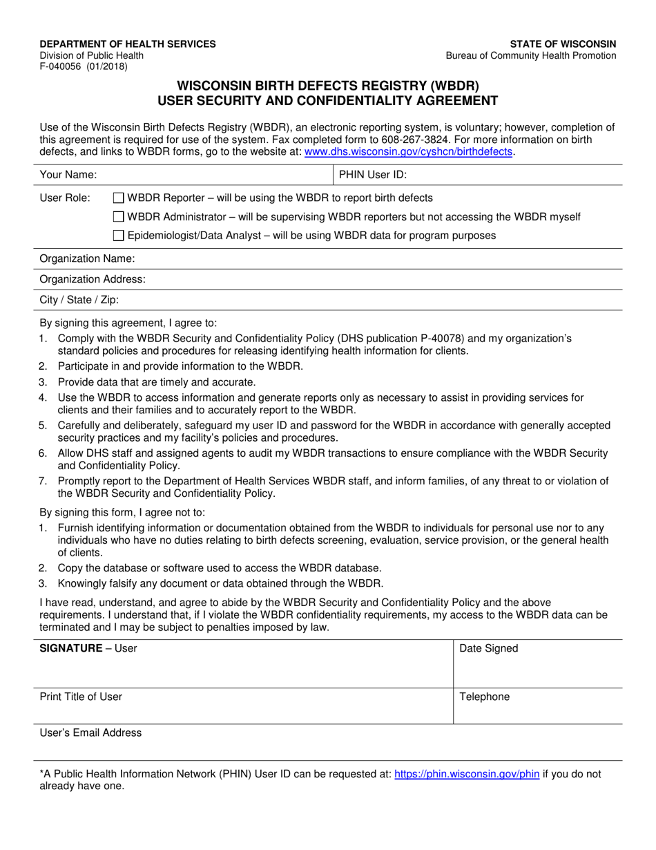 Form F-40056 User Security and Confidentiality Agreement - Wisconsin Birth Defects Registry (Wbdr) - Wisconsin, Page 1