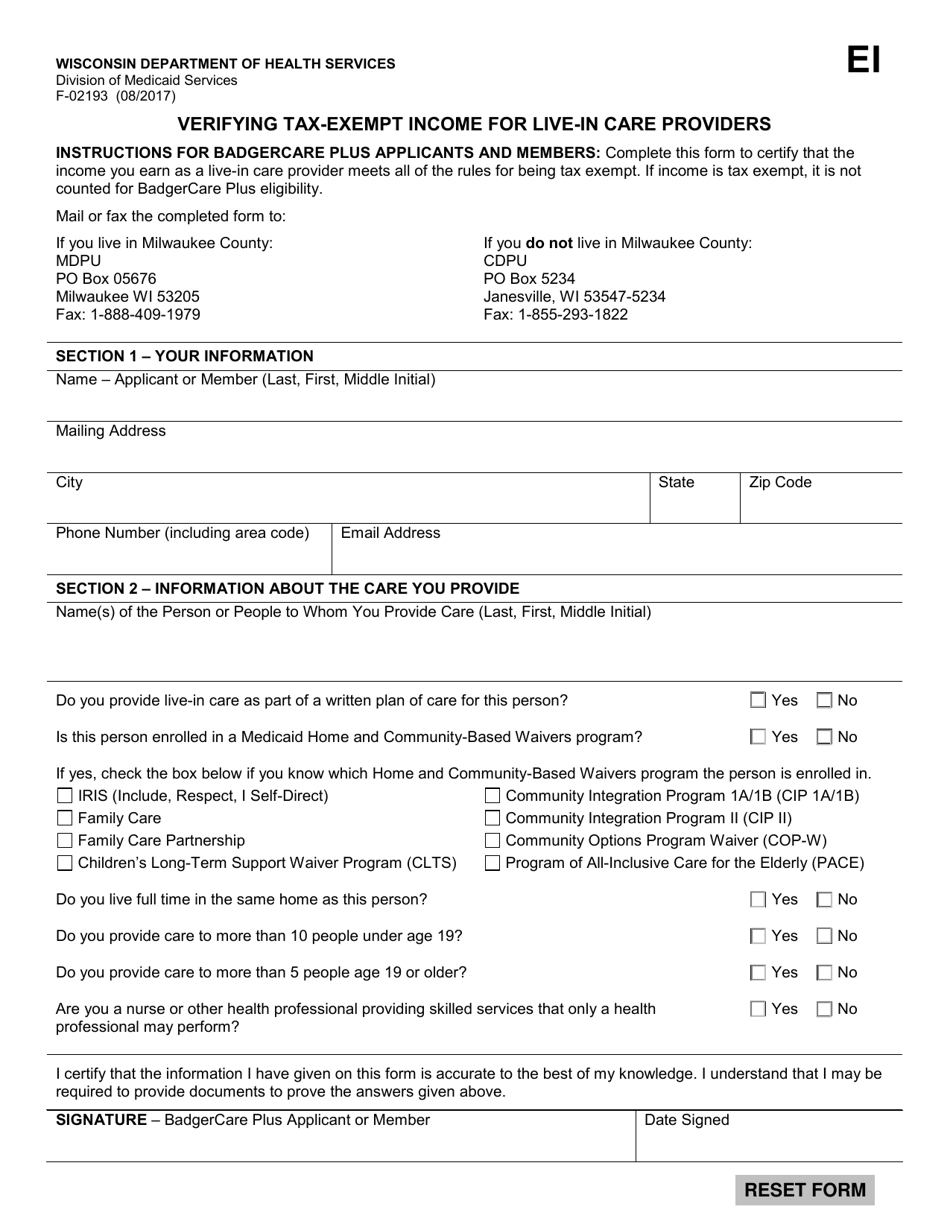 Form F-02193 Verifying Tax-Exempt Income for Live-In Care Providers - Wisconsin, Page 1