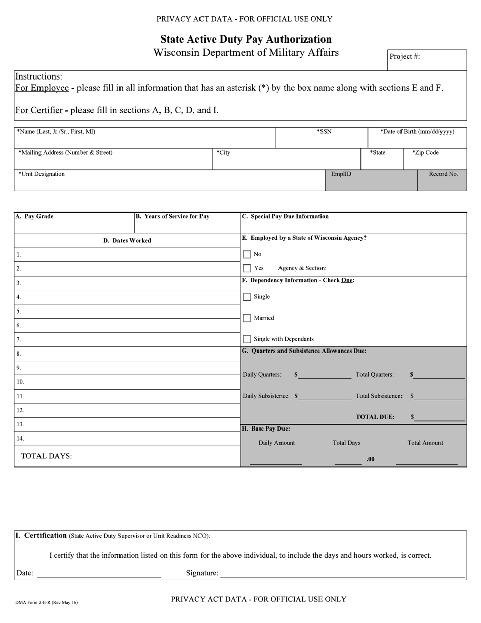 DMA Form 2-E-R State Active Duty Pay Authorization - Wisconsin, Page 1