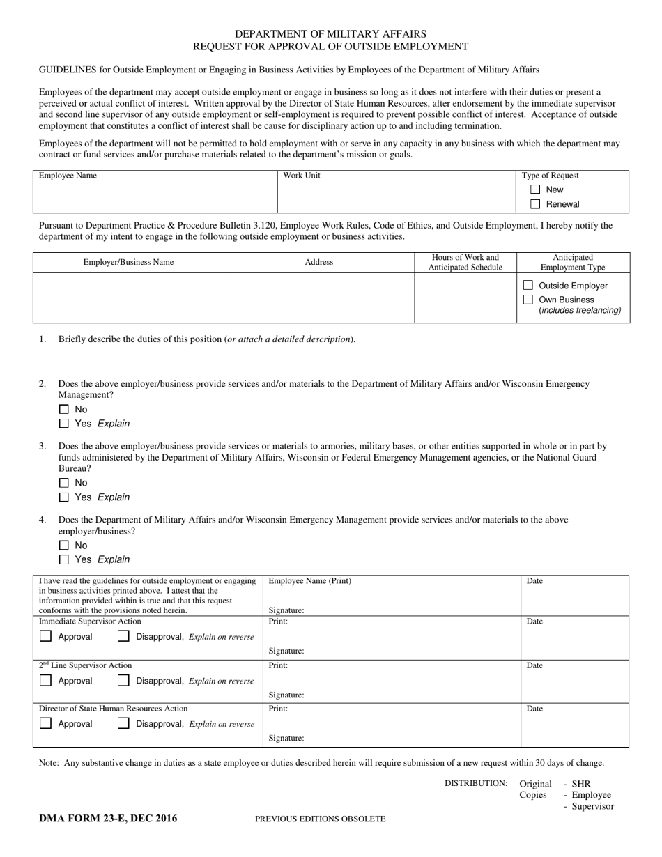 DMA Form 23-E Request for Approval of Outside Employment - Wisconsin, Page 1