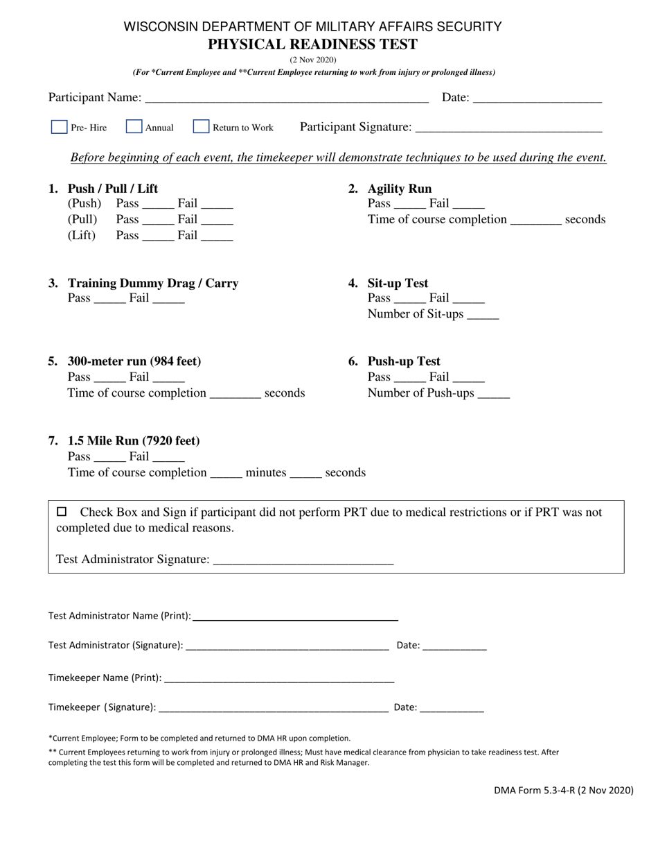 DMA Form 5.3-4-R Physical Readiness Test - Wisconsin, Page 1