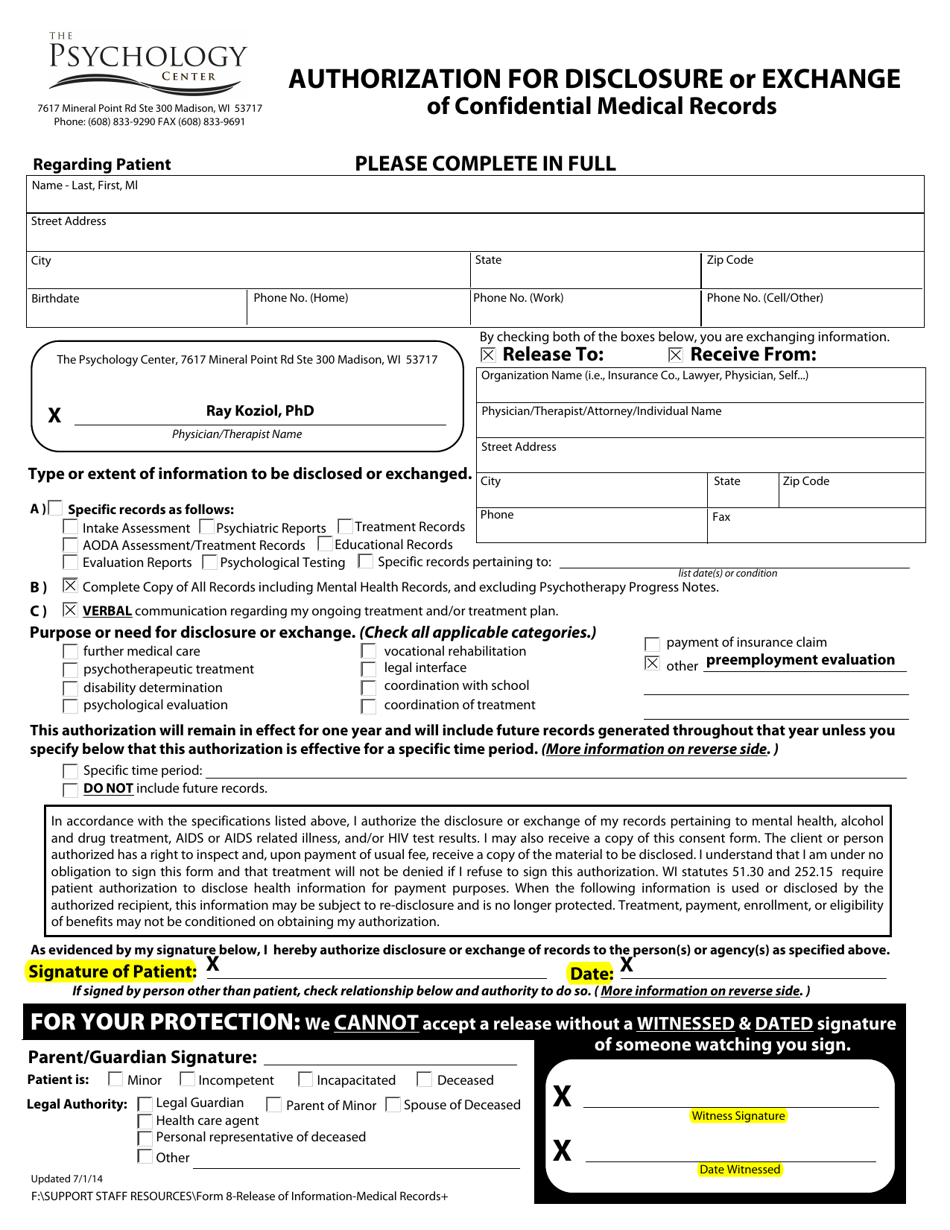 DMA Form 8 Authorization for Disclosure or Exchange of Confidential Medical Records - Wisconsin, Page 1