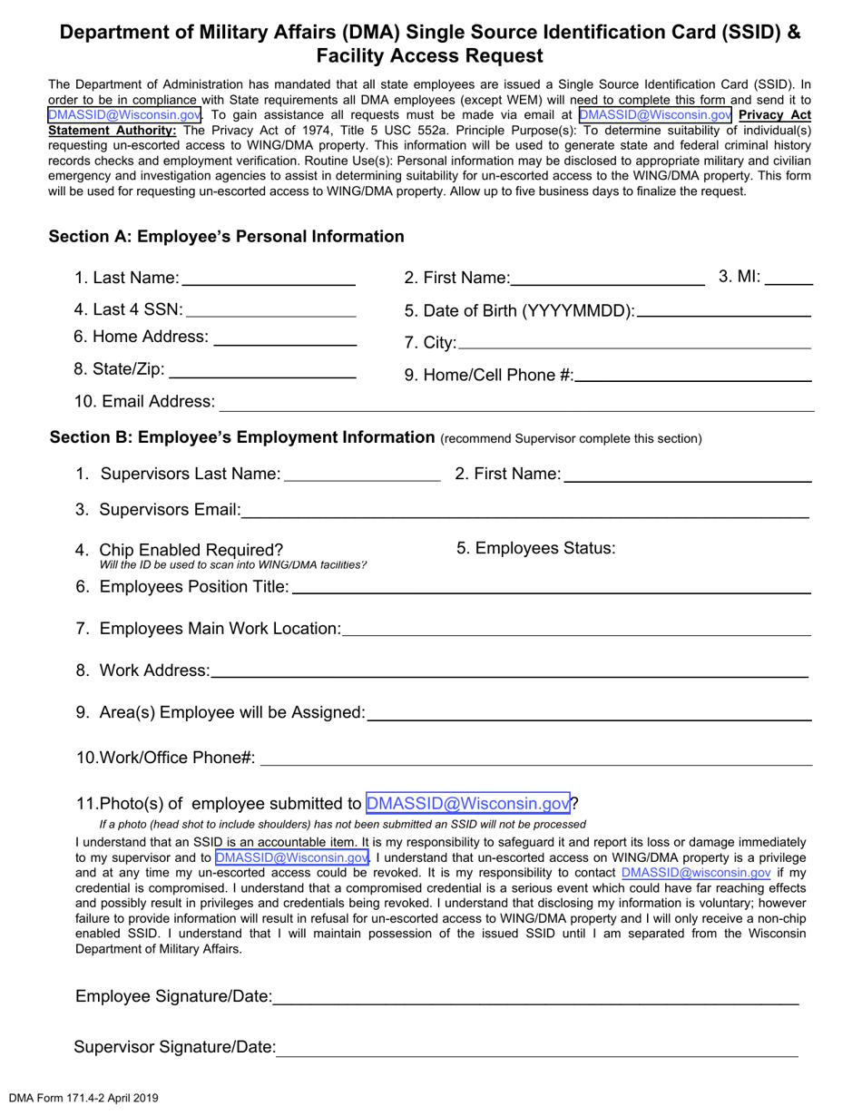 DMA Form 171.4-2 Single Source Identification Card (Ssid)  Facility Access Request - Wisconsin, Page 1