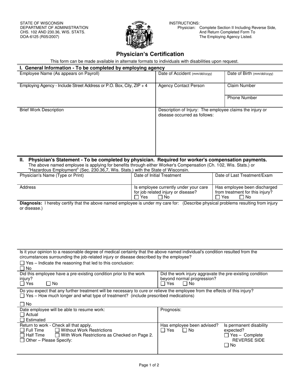 Form DOA-6125 Physicians Certification - Wisconsin, Page 1