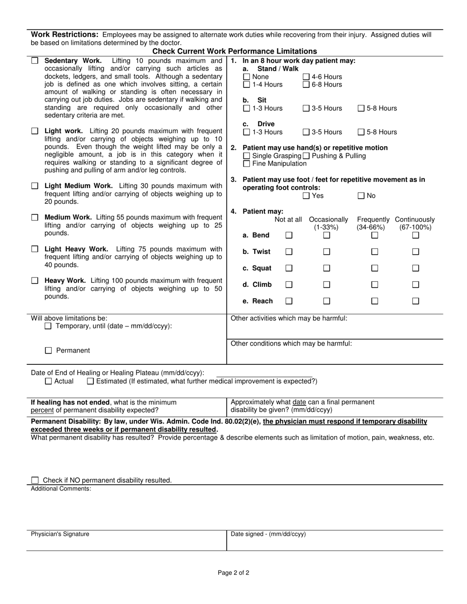 Form DOA-6125 Physicians Certification - Wisconsin, Page 2