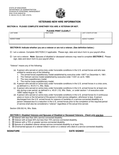 Form DOA-15100 Veterans New Hire Information - Wisconsin