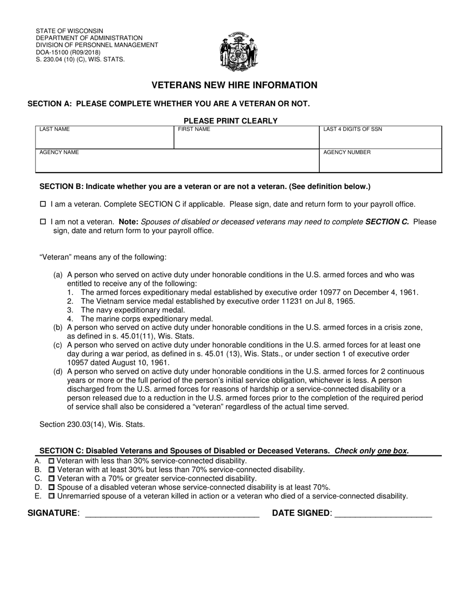 Form DOA-15100 Veterans New Hire Information - Wisconsin, Page 1