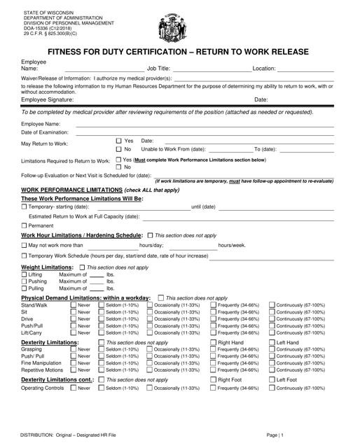 Form DOA-15336 Fitness for Duty Certification - Return to Work Release - Wisconsin