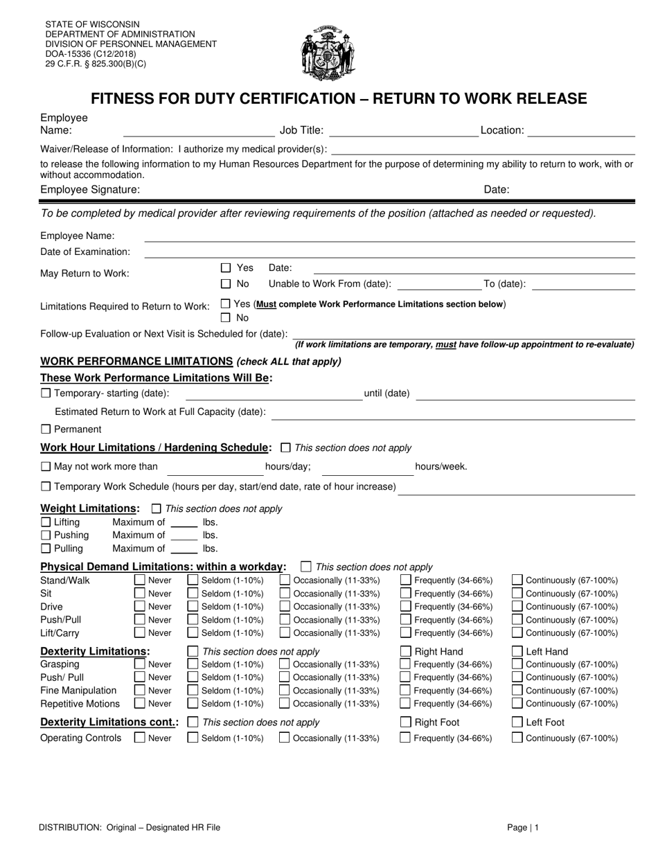 Form DOA-15336 Fitness for Duty Certification - Return to Work Release - Wisconsin, Page 1
