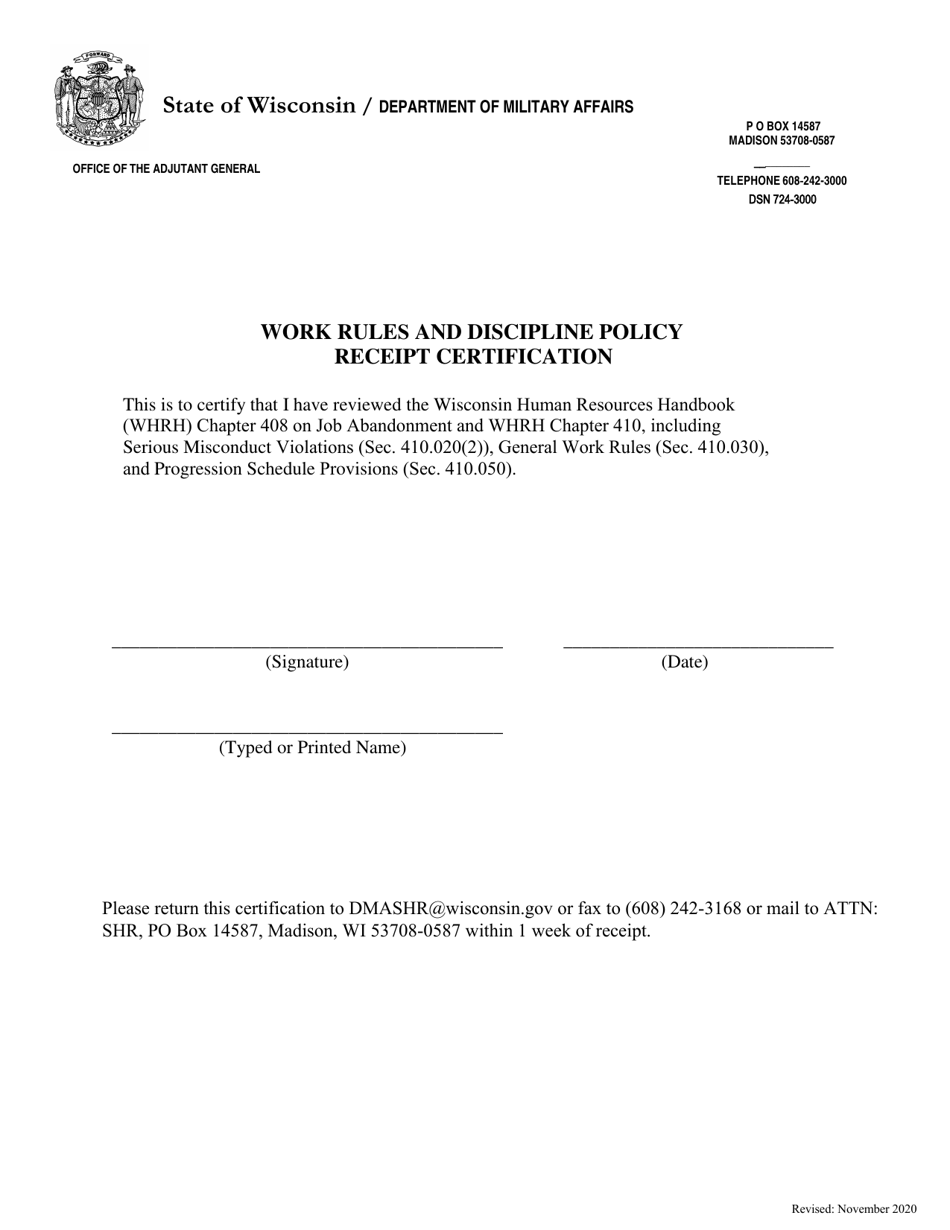 Wisconsin Workcomp Posting Wisconsin Work Rules and Discipline Policy Receipt Certification - Fill ...