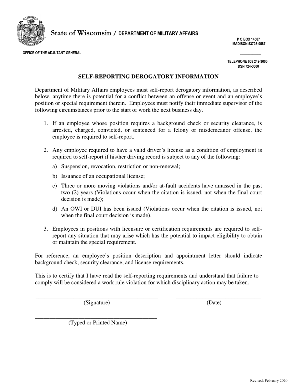 Self-reporting Derogatory Information - Wisconsin, Page 1