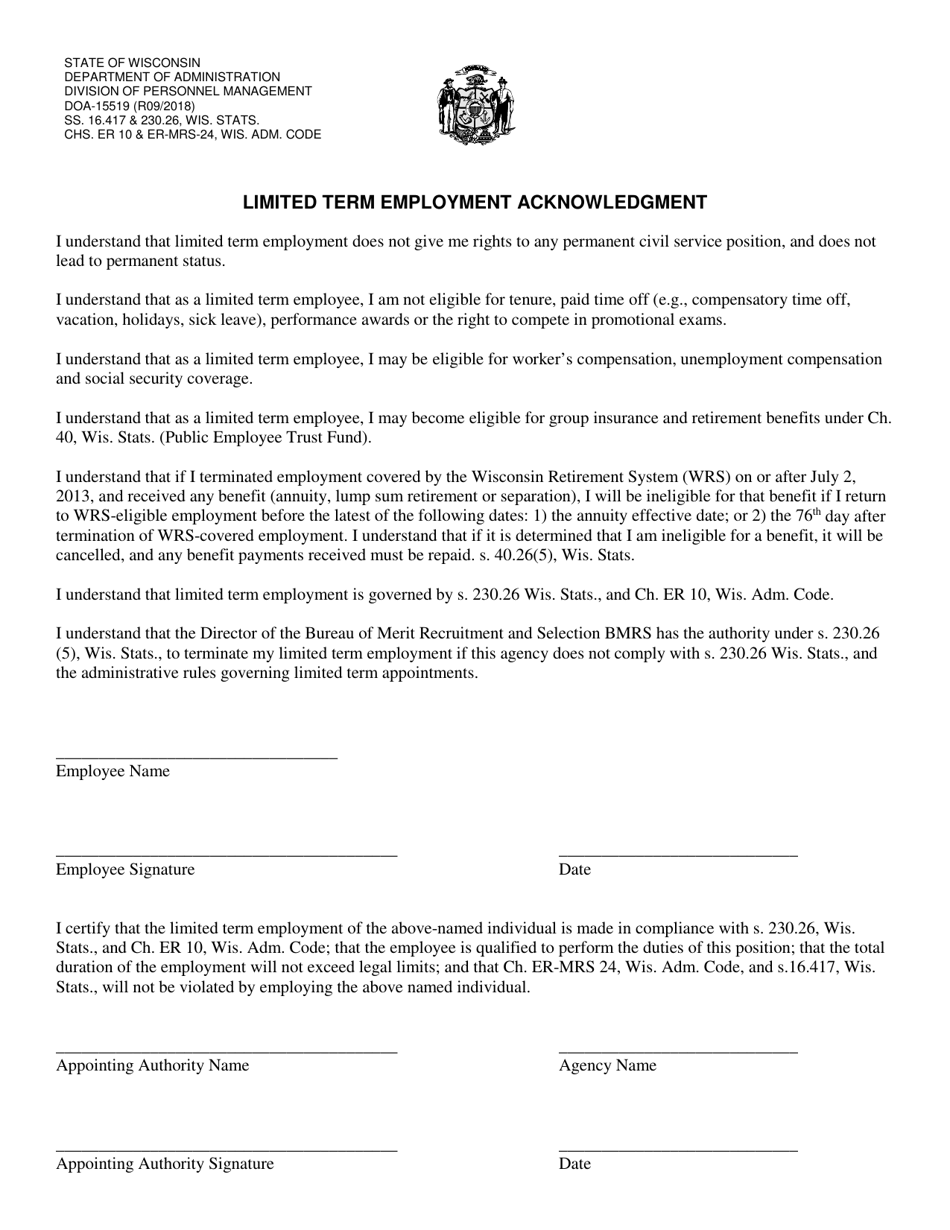 Form DOA-15519 Limited Term Employment Acknowledgment - Wisconsin, Page 1