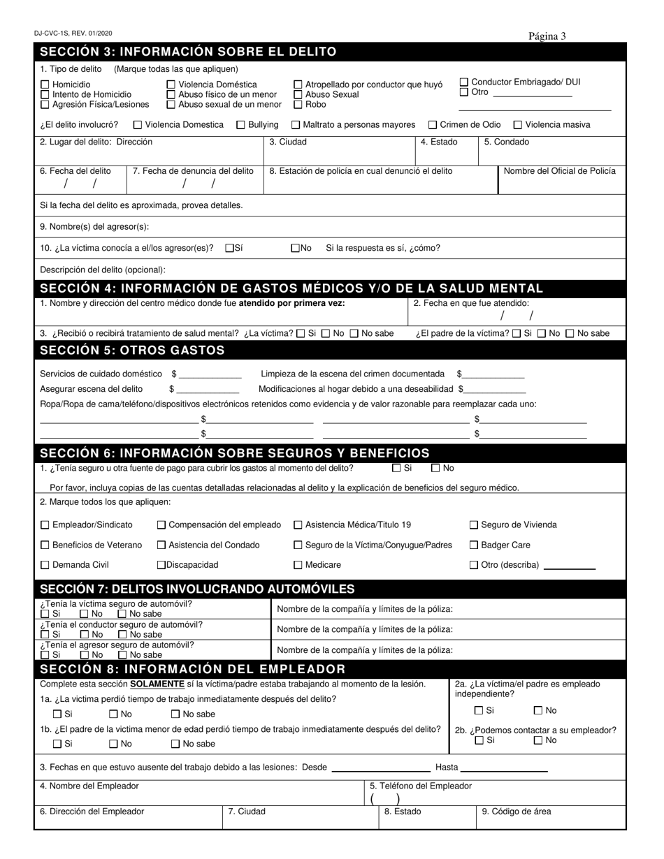 Formulario DJ-CVC-1S Solicitud Para Compensacion a Las Victimas Del Delito - Wisconsin (Spanish), Page 3