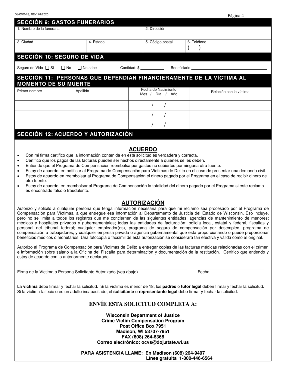 Formulario DJ-CVC-1S Solicitud Para Compensacion a Las Victimas Del Delito - Wisconsin (Spanish), Page 4