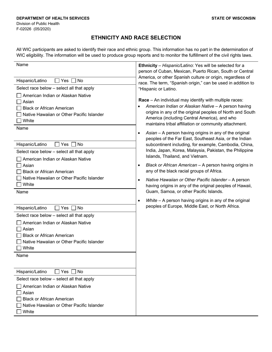 Form F-02026 Ethnicity and Race Selection - Wisconsin, Page 1