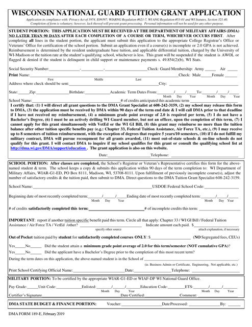DMA Form 189-E Wisconsin National Guard Tuition Grant Application - Wisconsin