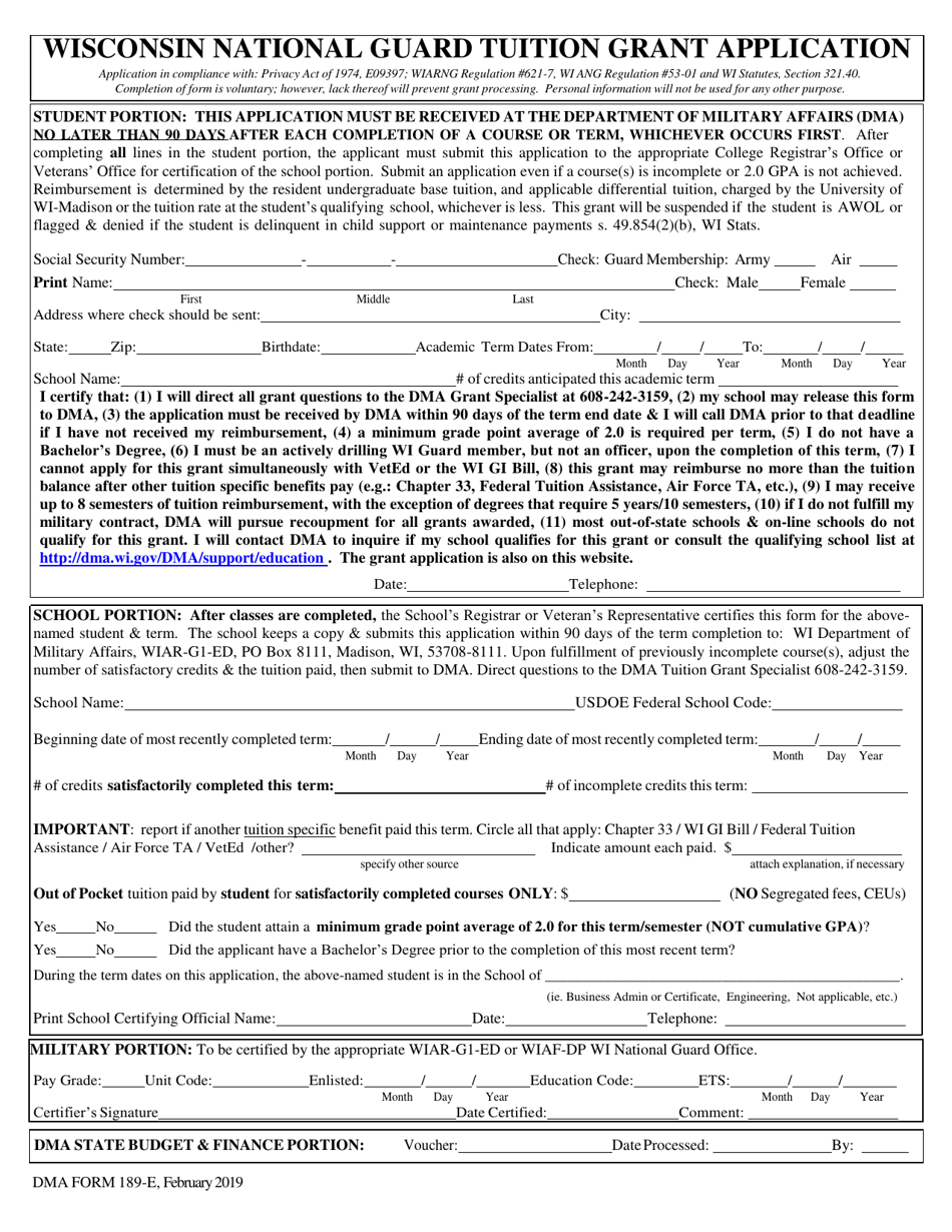 DMA Form 189-E Wisconsin National Guard Tuition Grant Application - Wisconsin, Page 1