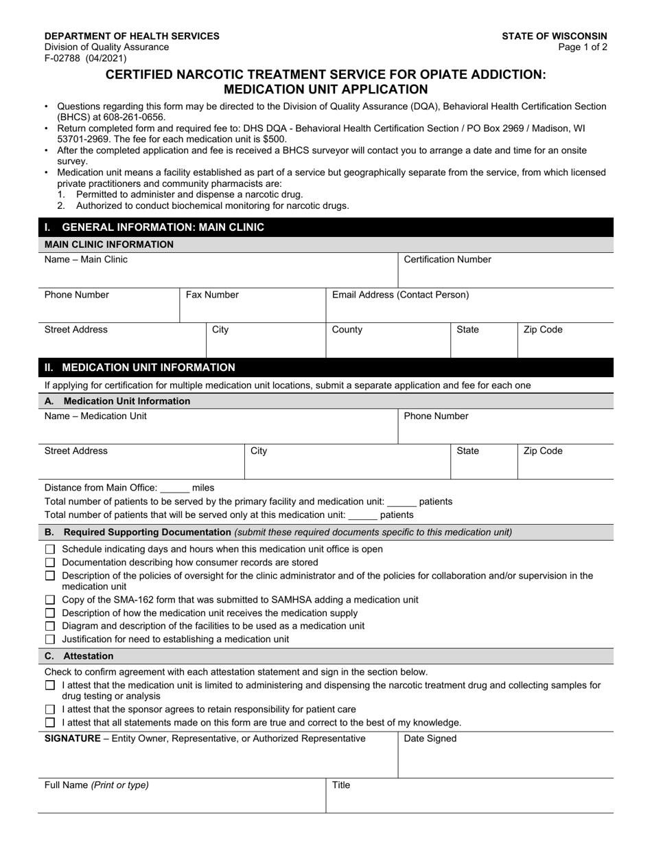 Form F-02788 Certified Narcotic Treatment Service for Opiate Addiction: Medication Unit Application - Wisconsin, Page 1