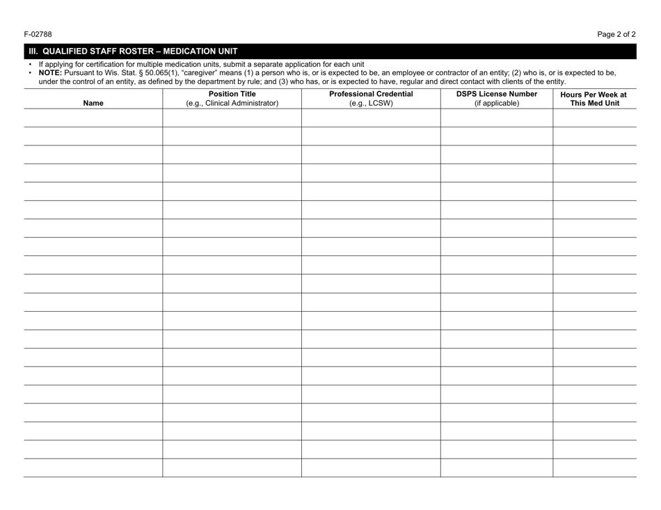 Form F-02788 Certified Narcotic Treatment Service for Opiate Addiction: Medication Unit Application - Wisconsin, Page 2