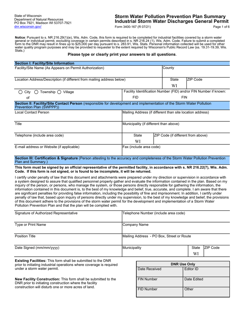 Form 3400-167 Storm Water Pollution Prevention Plan Summary - Industrial Storm Water Discharges General Permit - Wisconsin, Page 1