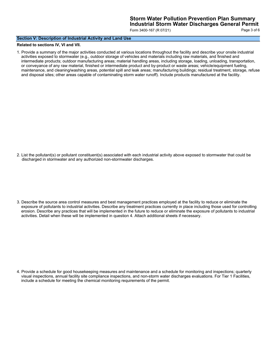 Form 3400-167 Storm Water Pollution Prevention Plan Summary - Industrial Storm Water Discharges General Permit - Wisconsin, Page 3