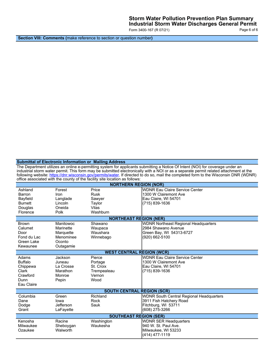 Form 3400-167 Storm Water Pollution Prevention Plan Summary - Industrial Storm Water Discharges General Permit - Wisconsin, Page 6