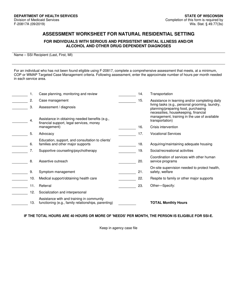 Form F-20817A Assessment Worksheet for Natural Residential Setting for Individuals With Serious and Persistent Mental Illness and/or Alcohol and Other Drug Dependent Diagnoses - Wisconsin, Page 1