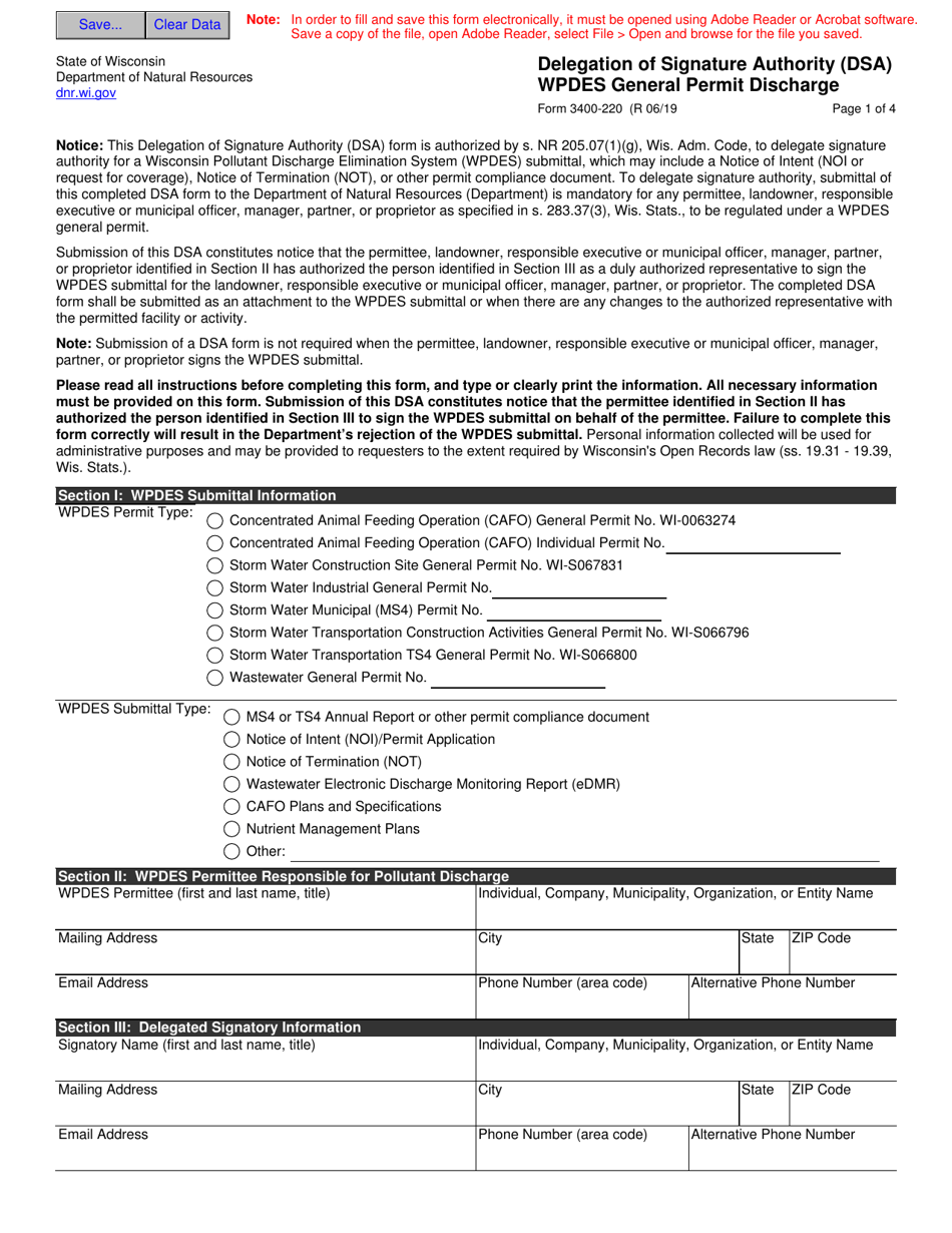 Form 3400-220 Delegation of Signature Authority (Dsa) - Wpdes General Permit Discharge - Wisconsin, Page 1