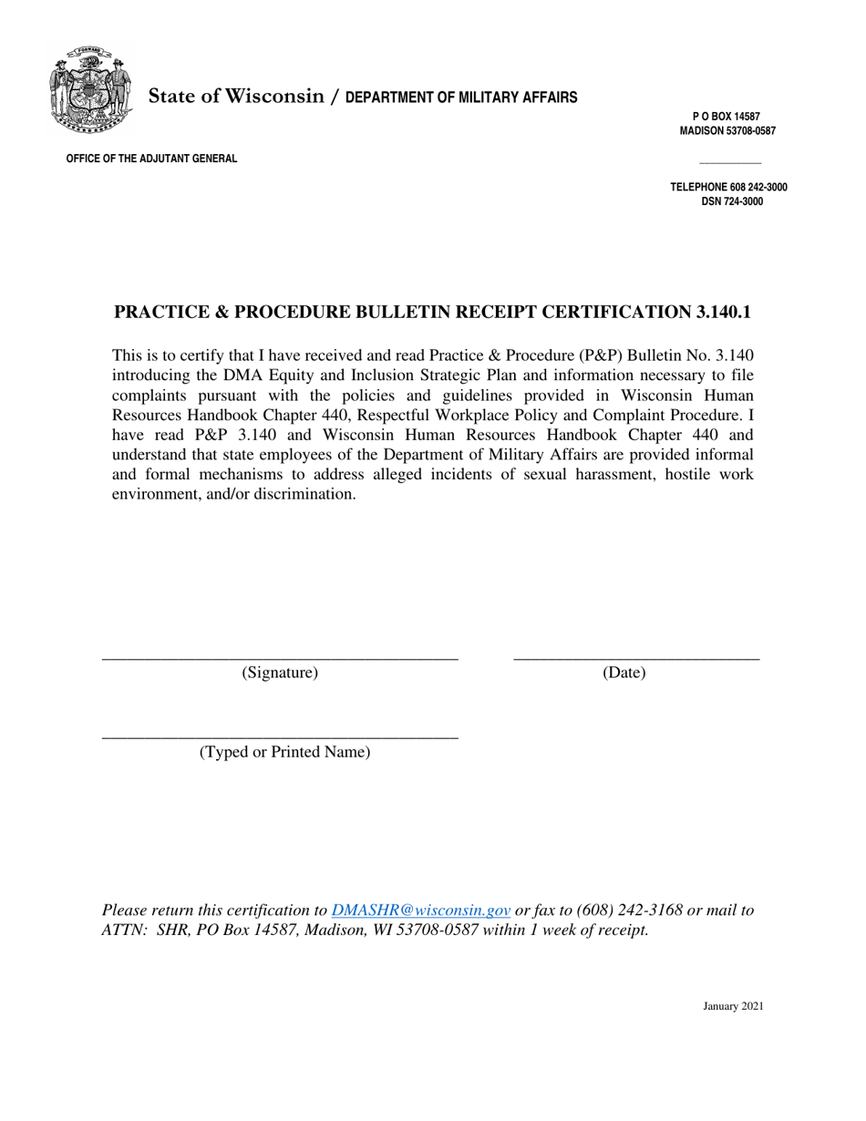 Practice  Procedure Bulletin Receipt Certification 3.140.1 - Wisconsin, Page 1