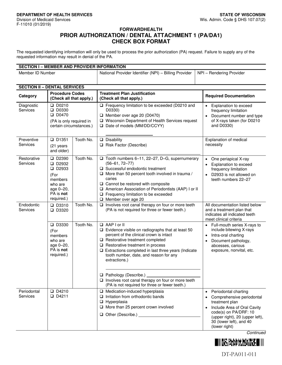 Form F-11010 Prior Authorization / Dental Attachment 1 (Pa / Da1) Check Box Format - Wisconsin, Page 1