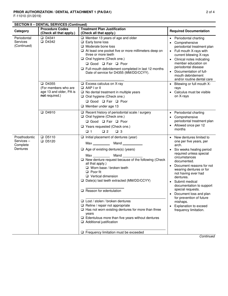 Form F-11010 Prior Authorization / Dental Attachment 1 (Pa / Da1) Check Box Format - Wisconsin, Page 2