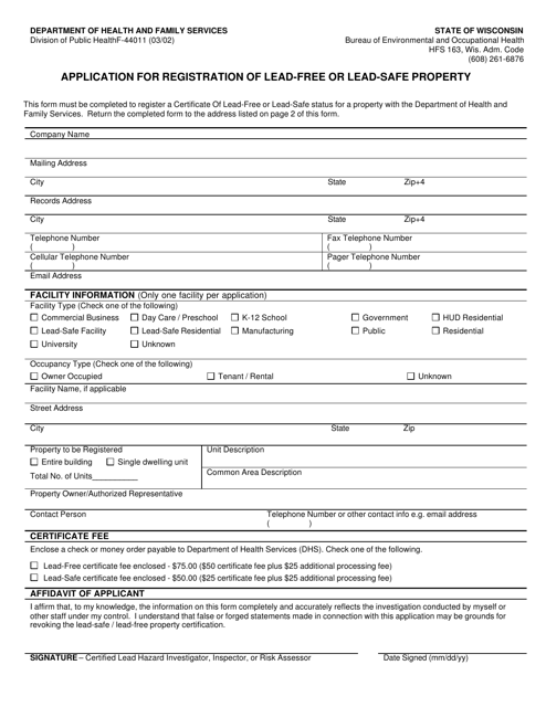 Form F-44011 Application for Registration of Lead-Free or Lead-Safe Property - Wisconsin