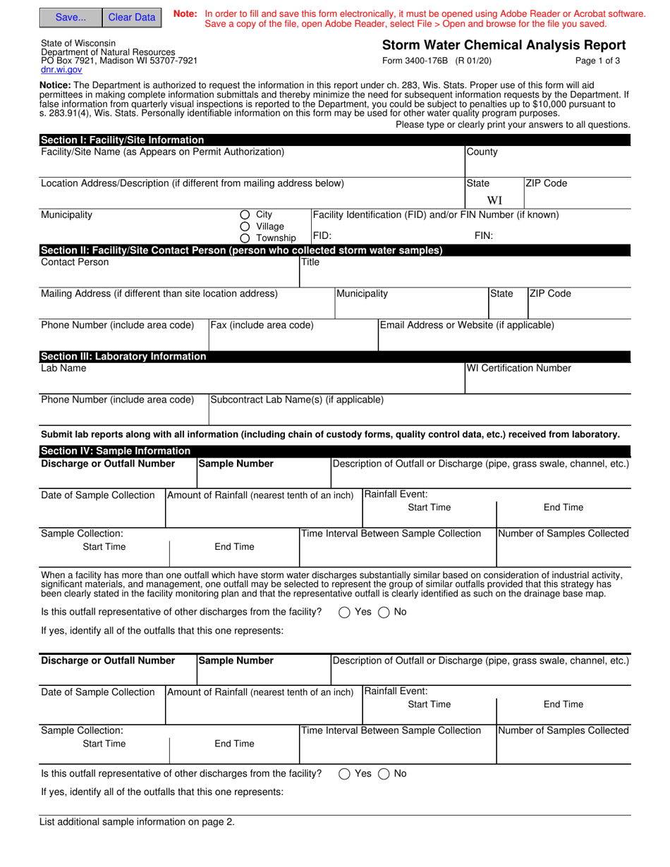 Form 3400-176B Storm Water Chemical Analysis Report - Wisconsin, Page 1