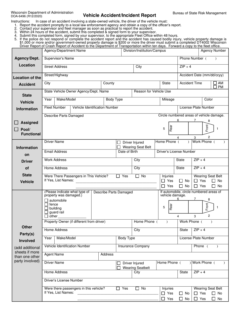 Form DOA-6496 Vehicle Accident / Incident Report - Wisconsin, Page 1
