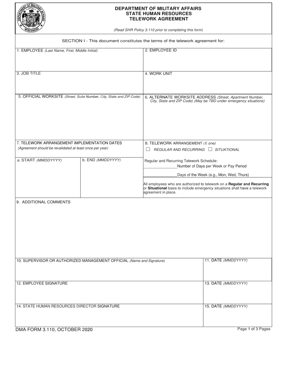 DMA Form 3.110 Telework Agreement - Wisconsin, Page 1