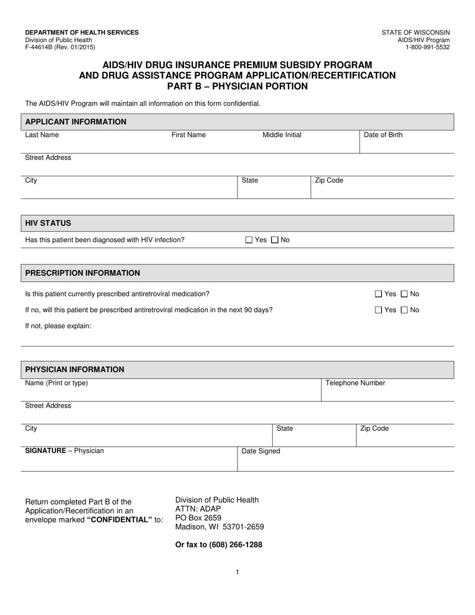 Form F-44614B Part B AIDS / HIV Drug Insurance Premium Subsidy Program and Drug Assistance Program Application / Recertification - Physician Portion - Wisconsin, Page 1