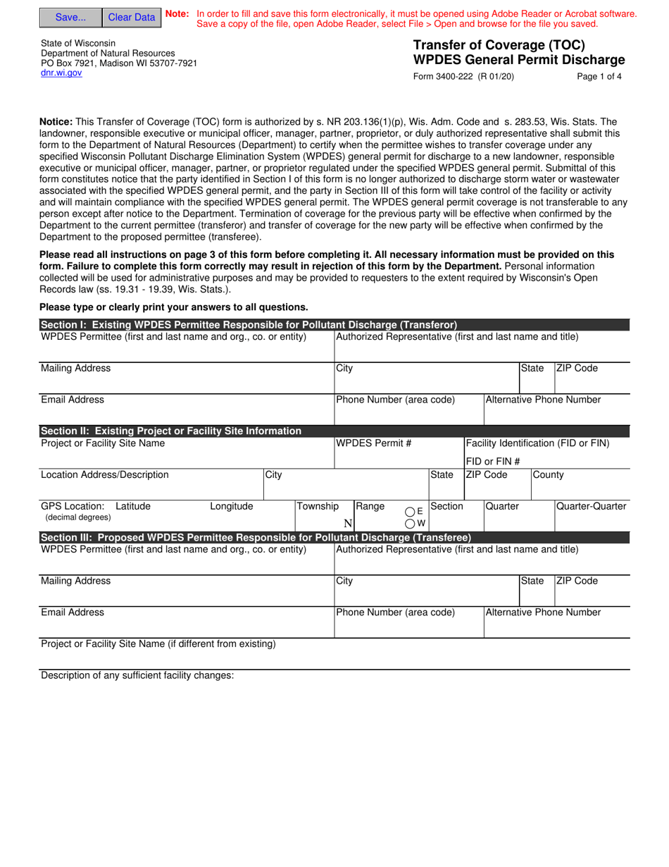 Form 3400-222 Transfer of Coverage (Toc) - Wpdes General Permit Discharge - Wisconsin, Page 1