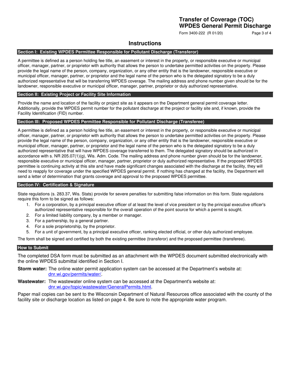 Form 3400-222 Transfer of Coverage (Toc) - Wpdes General Permit Discharge - Wisconsin, Page 3