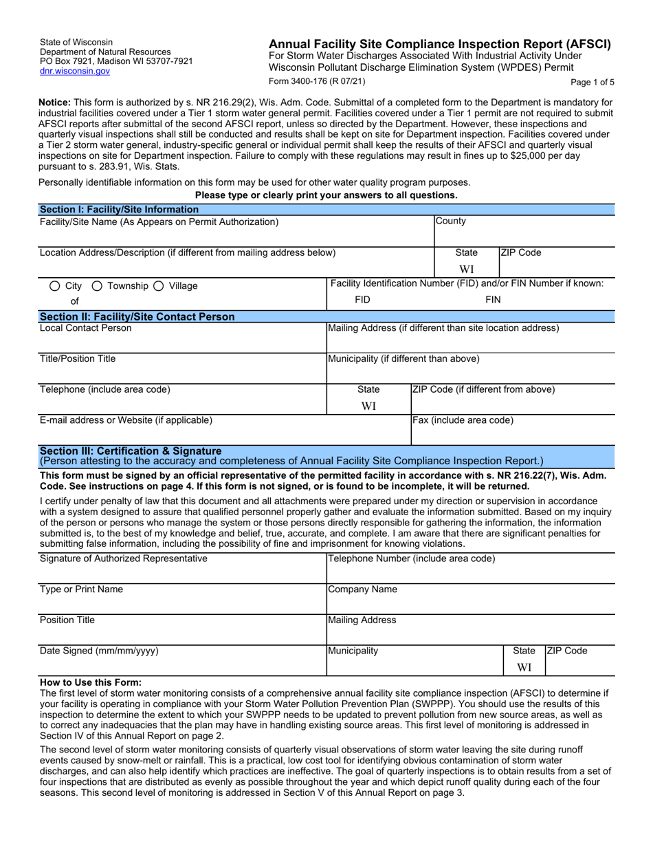 Form 3400-176 Annual Facility Site Compliance Inspection Report (Afsci) for Storm Water Discharges Associated With Industrial Activity Under Wisconsin Pollutant Discharge Elimination System (Wpdes) Permit - Wisconsin, Page 1