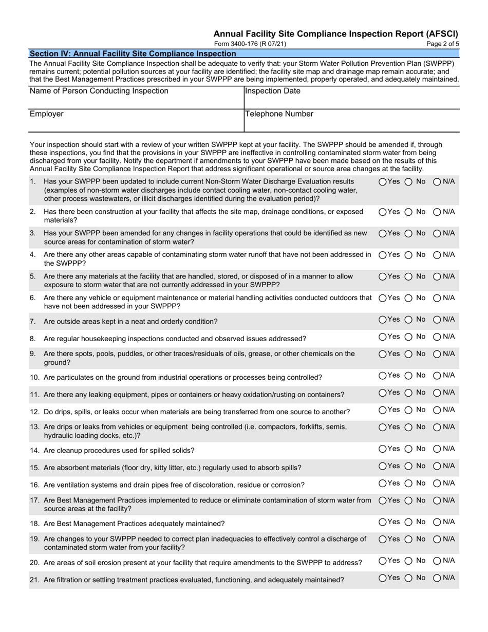 Form 3400-176 Annual Facility Site Compliance Inspection Report (Afsci) for Storm Water Discharges Associated With Industrial Activity Under Wisconsin Pollutant Discharge Elimination System (Wpdes) Permit - Wisconsin, Page 2