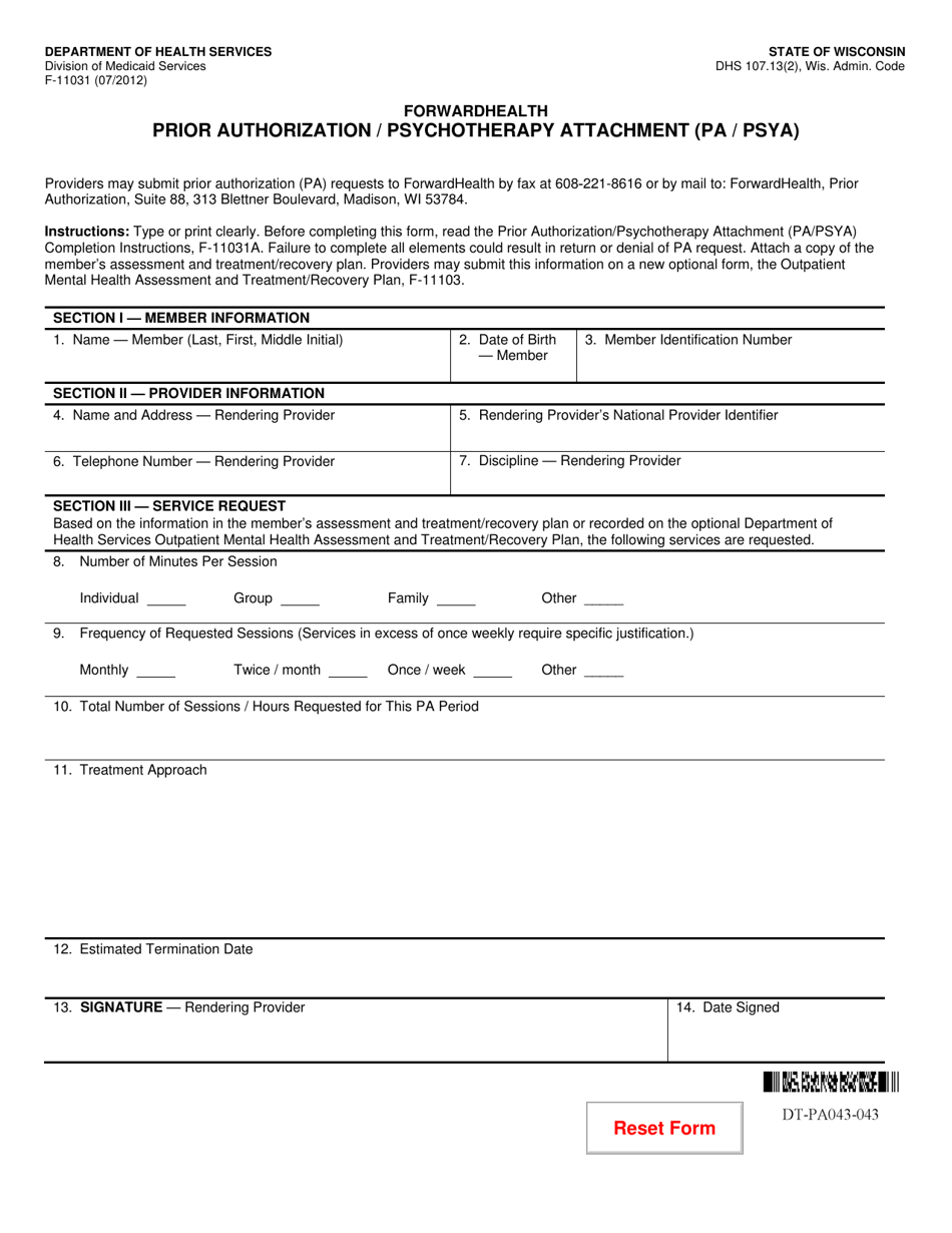 Form F-11031 Prior Authorization / Psychotherapy Attachment (Pa / Psya) - Wisconsin, Page 1