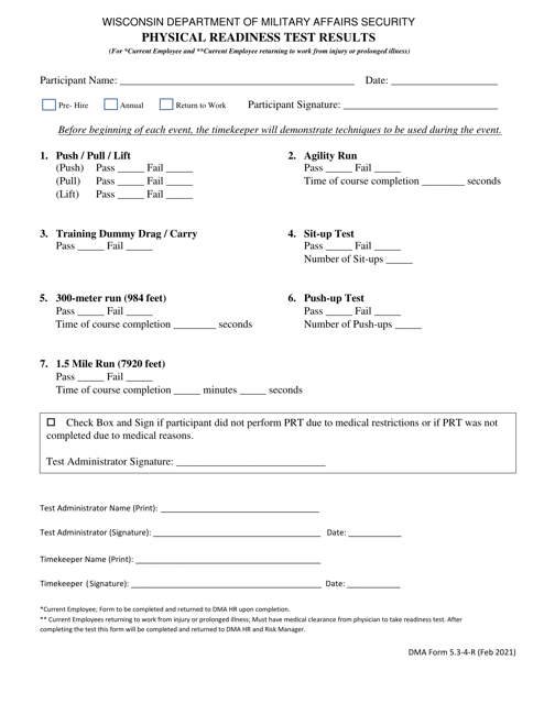 DMA Form 5.3-4-R Physical Readiness Test Results - Wisconsin