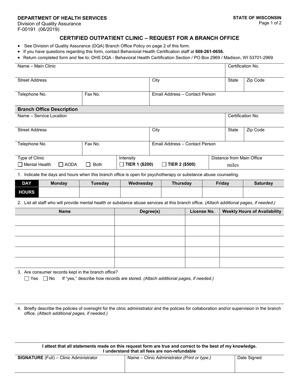 Form F-00191 Certified Outpatient Clinic - Request for a Branch Office - Wisconsin, Page 1