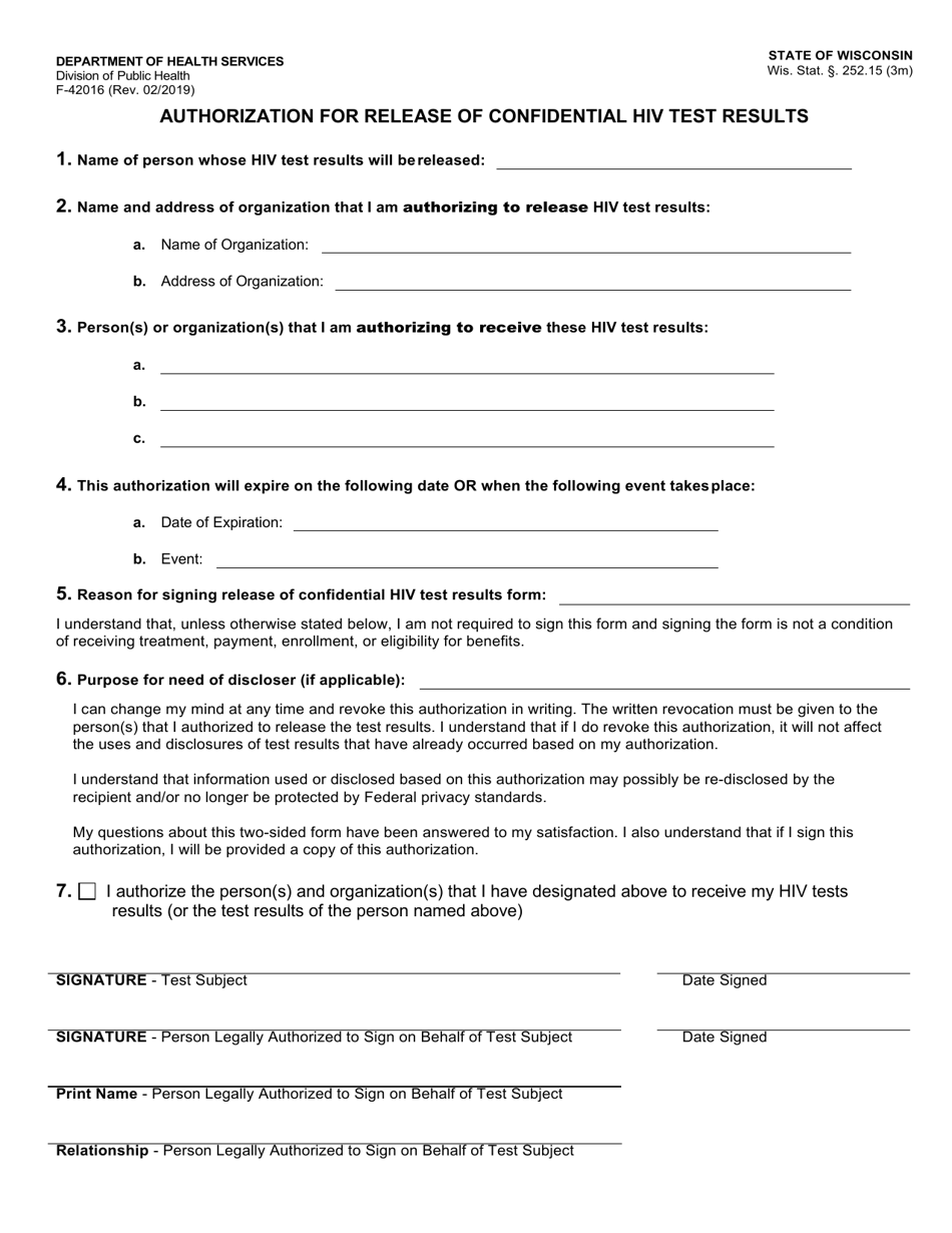 Form F-42016 Authorization for Release of Confidential HIV Test Results - Wisconsin, Page 1