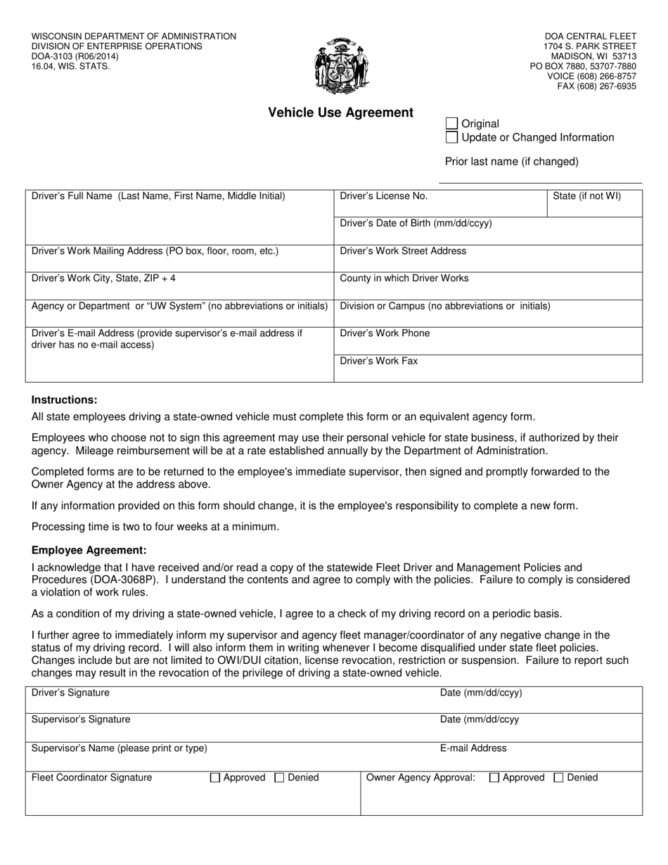 Form DOA-3101 Vehicle Use Agreement - Wisconsin, Page 1