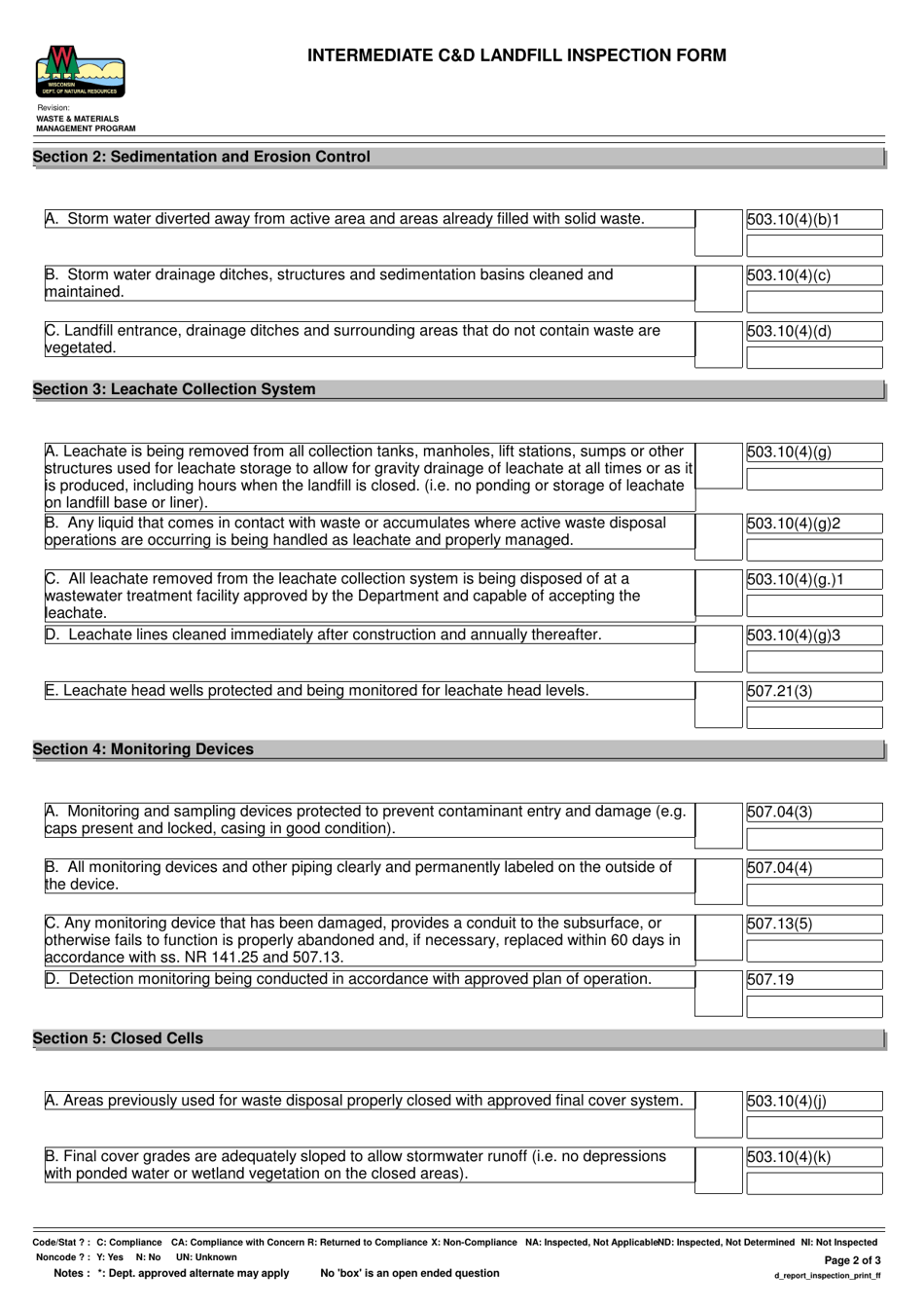 Intermediate Cd Landfill Inspection Form - Wisconsin, Page 2