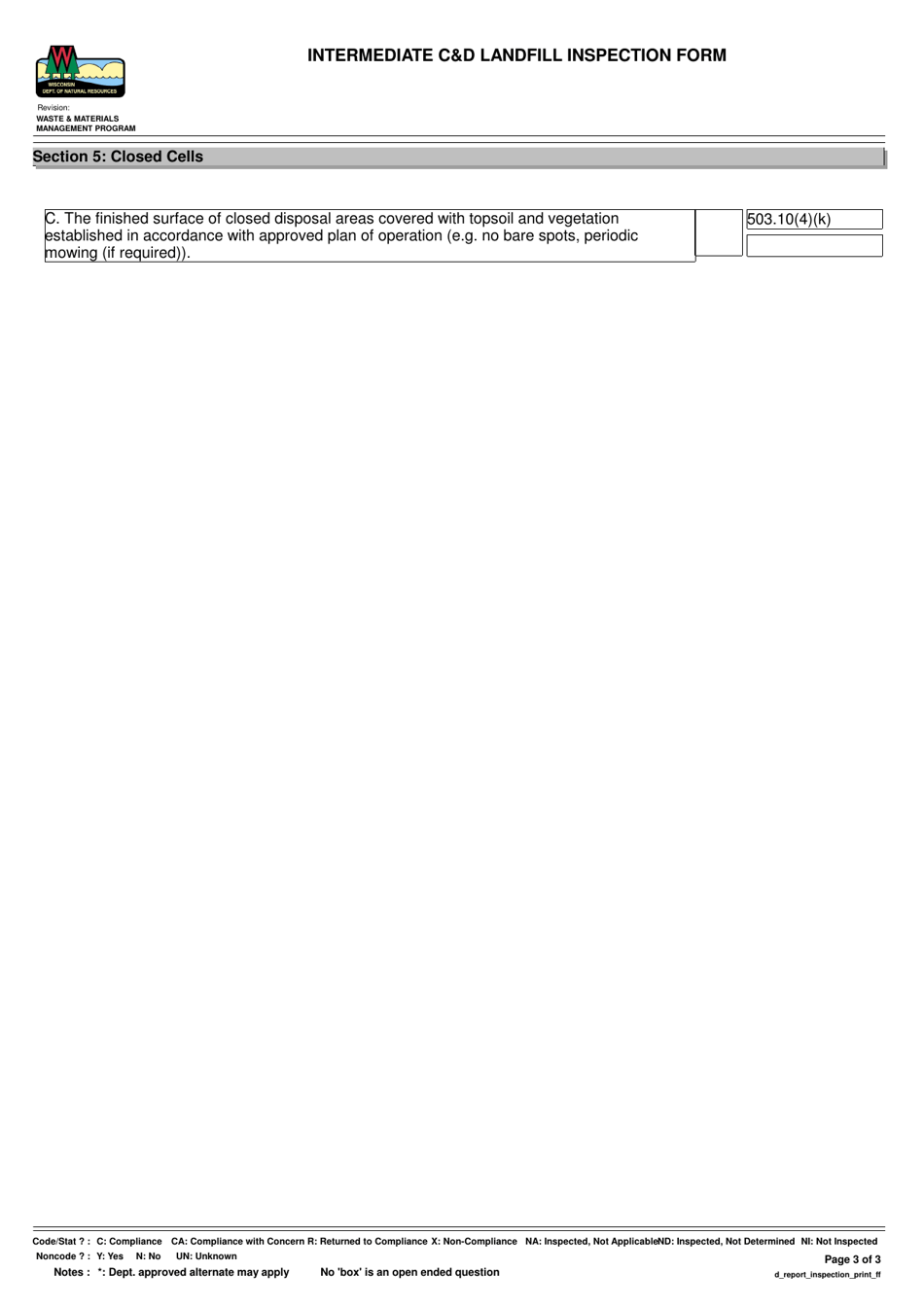 Intermediate Cd Landfill Inspection Form - Wisconsin, Page 3